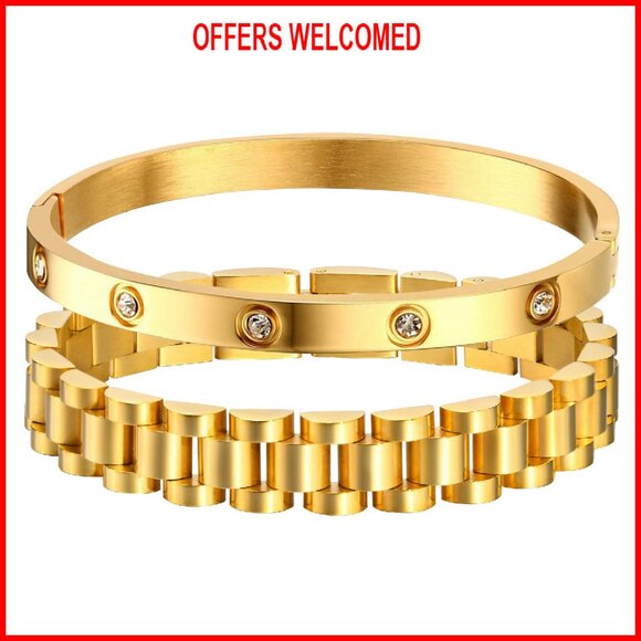 18K Gold Plated Chain Link Bracelet Set Stainless Steel Adjustable Wristband